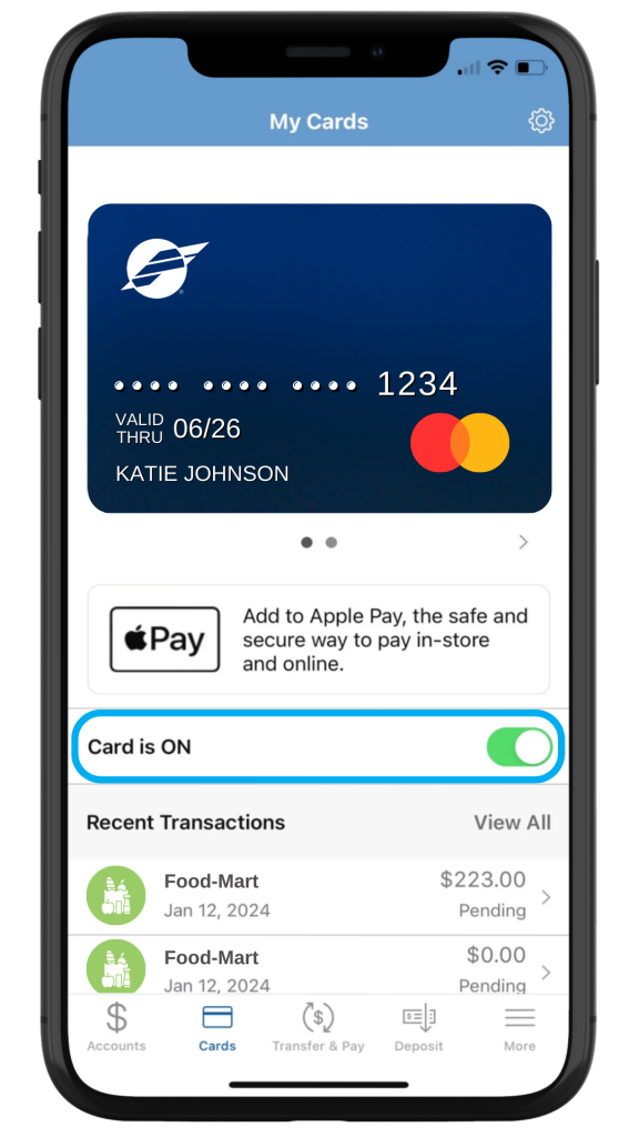 Card Management - Debit Controls - On Off